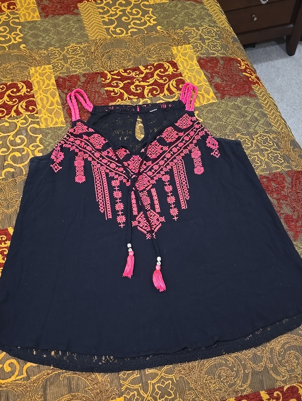 Boho Black Camisole with Pink Embroidered Tassels